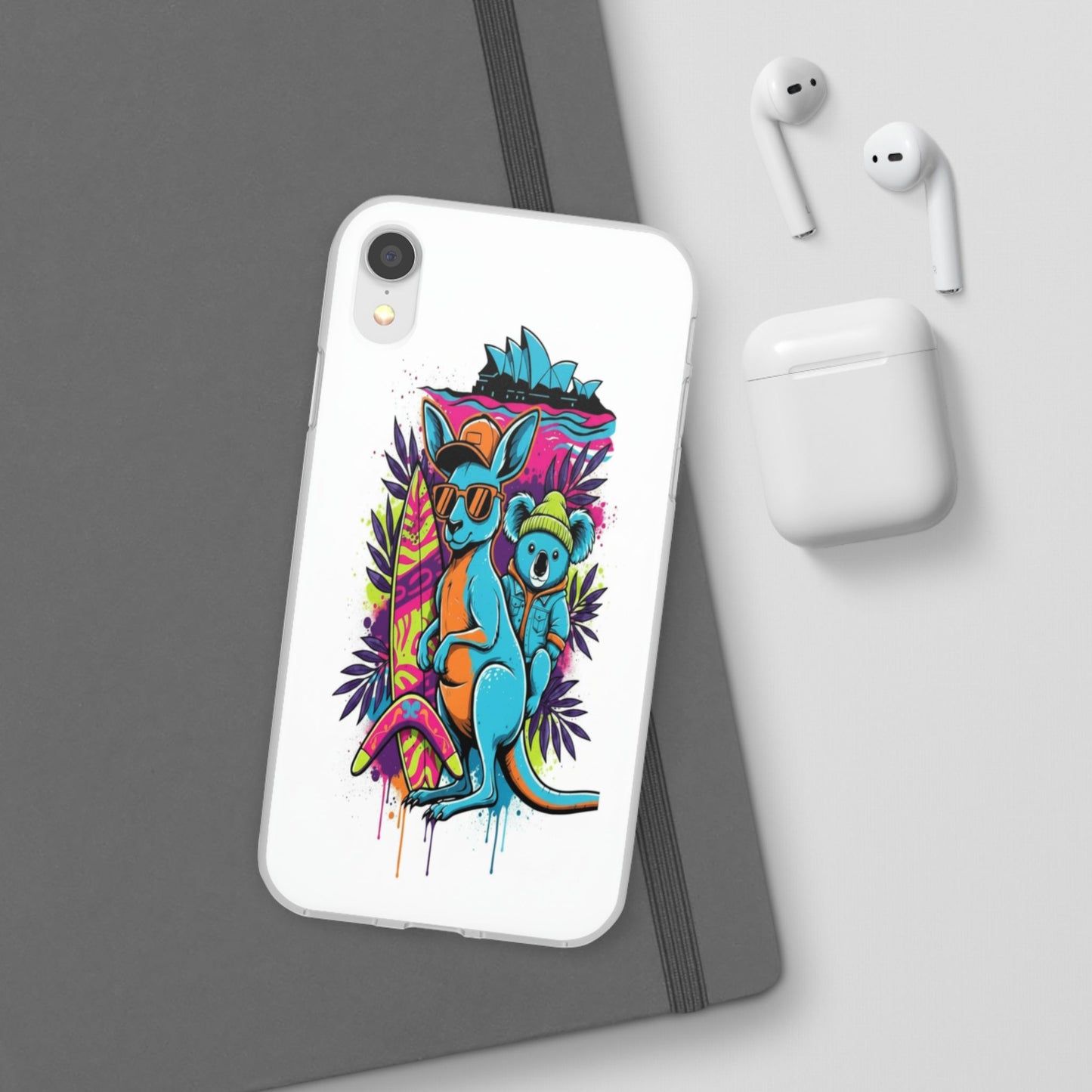 Kangaroo & Koala Surf Phone Case — Neon Aussie Beach Vibes Flexible Case