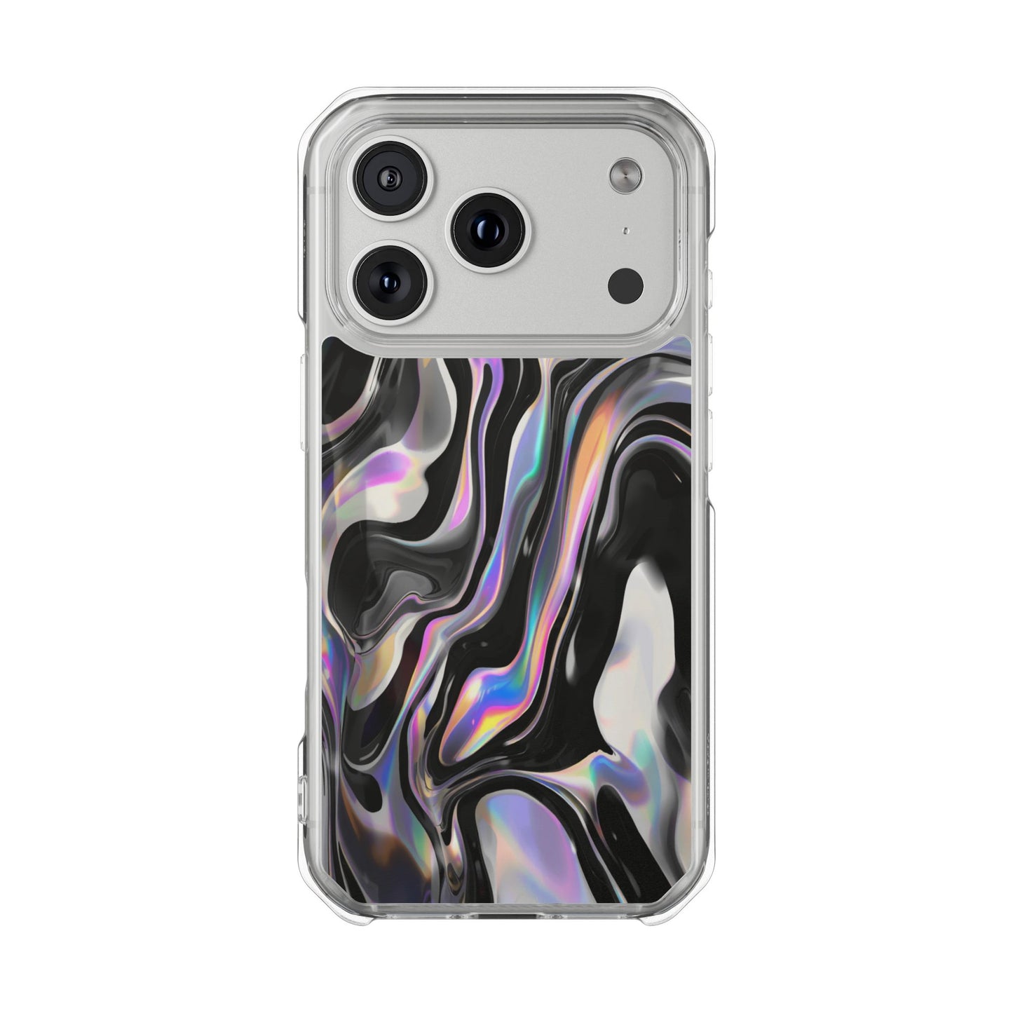 Magnetic Clear Impact Phone Case — Iridescent Black Marble Design