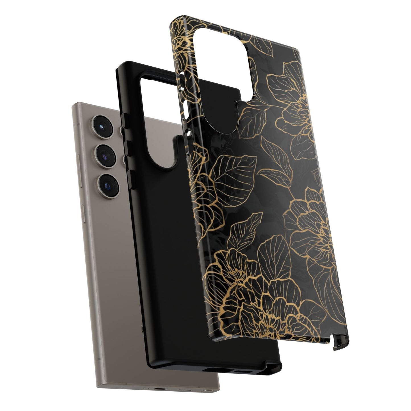 Floral Gold Outline Tough Phone Case – Black Botanical Protective Cover