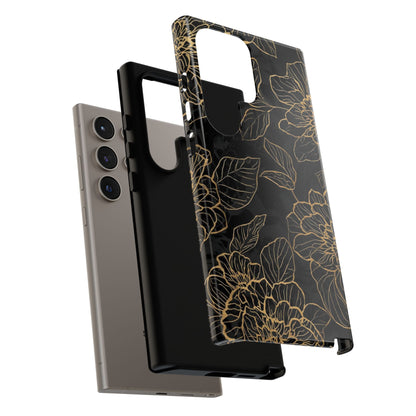Floral Gold Outline Tough Phone Case – Black Botanical Protective Cover