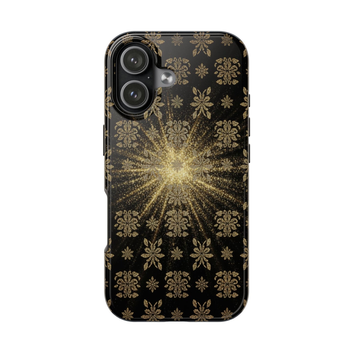 Glitter Burst Tough Phone Case — Black & Gold Floral Protective Cover