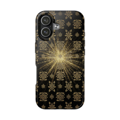 Glitter Burst Tough Phone Case — Black & Gold Floral Protective Cover
