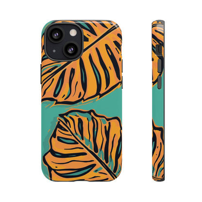 Tropical Leaf Tough Phone Case — Orange Monstera Design on Teal