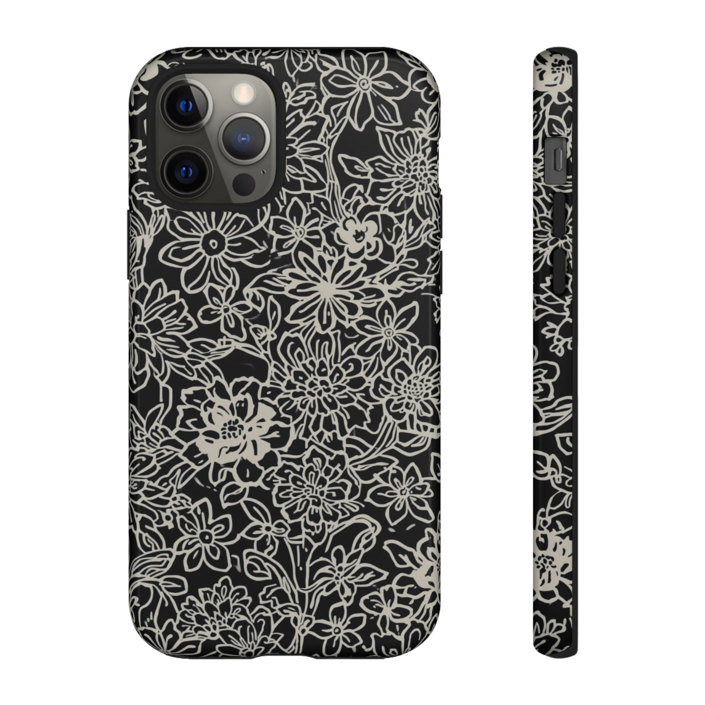 Floral Doodle Tough Phone Case — Black & White Sketch Flower Protective Cover
