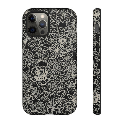 Floral Doodle Tough Phone Case — Black & White Sketch Flower Protective Cover