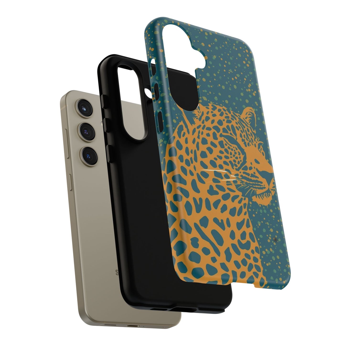 Leopard Print Tough Phone Case — Gold Panther on Teal, Protective iPhone Cover