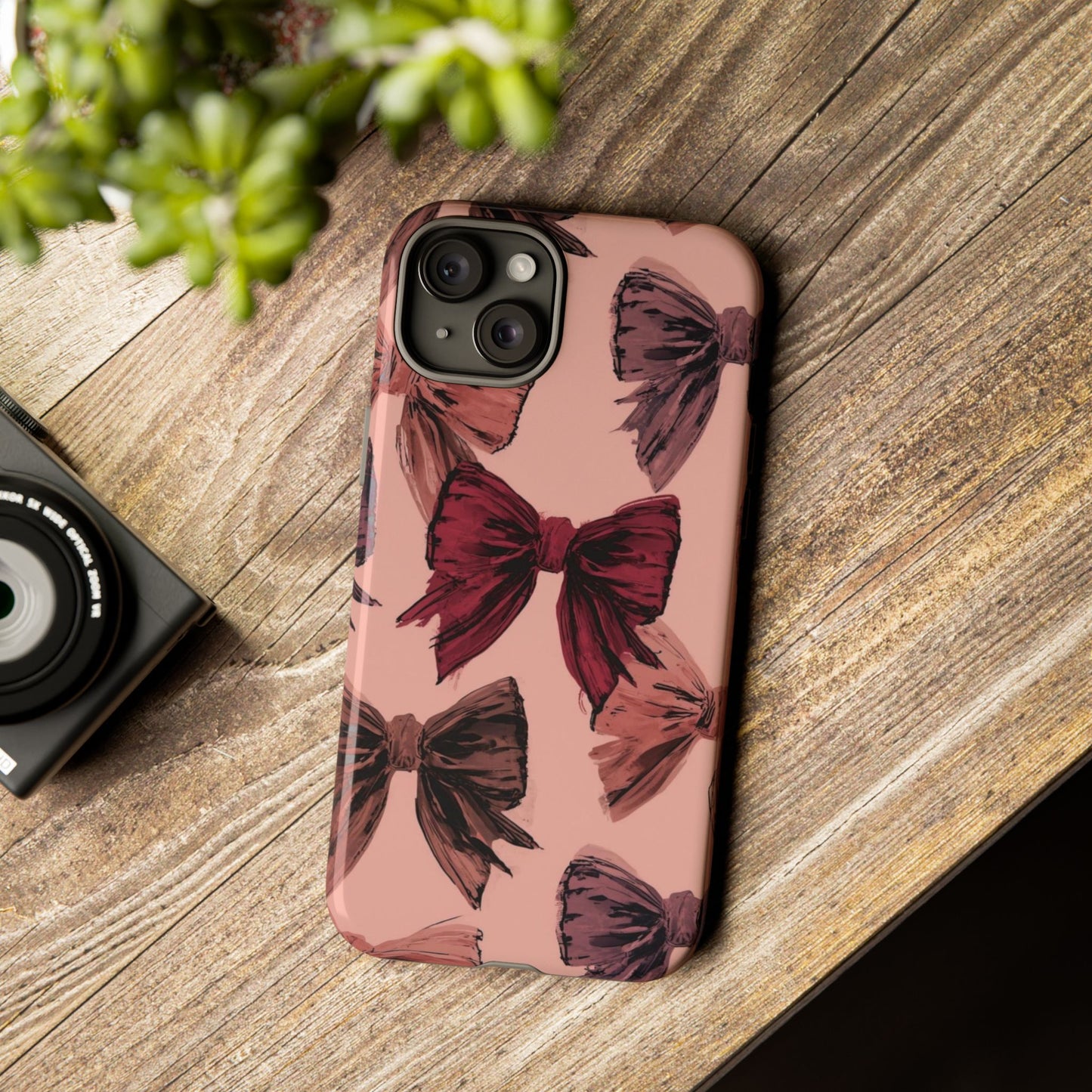 Bow Pattern Tough Phone Case — Pink Watercolor Bows Protective iPhone Cover