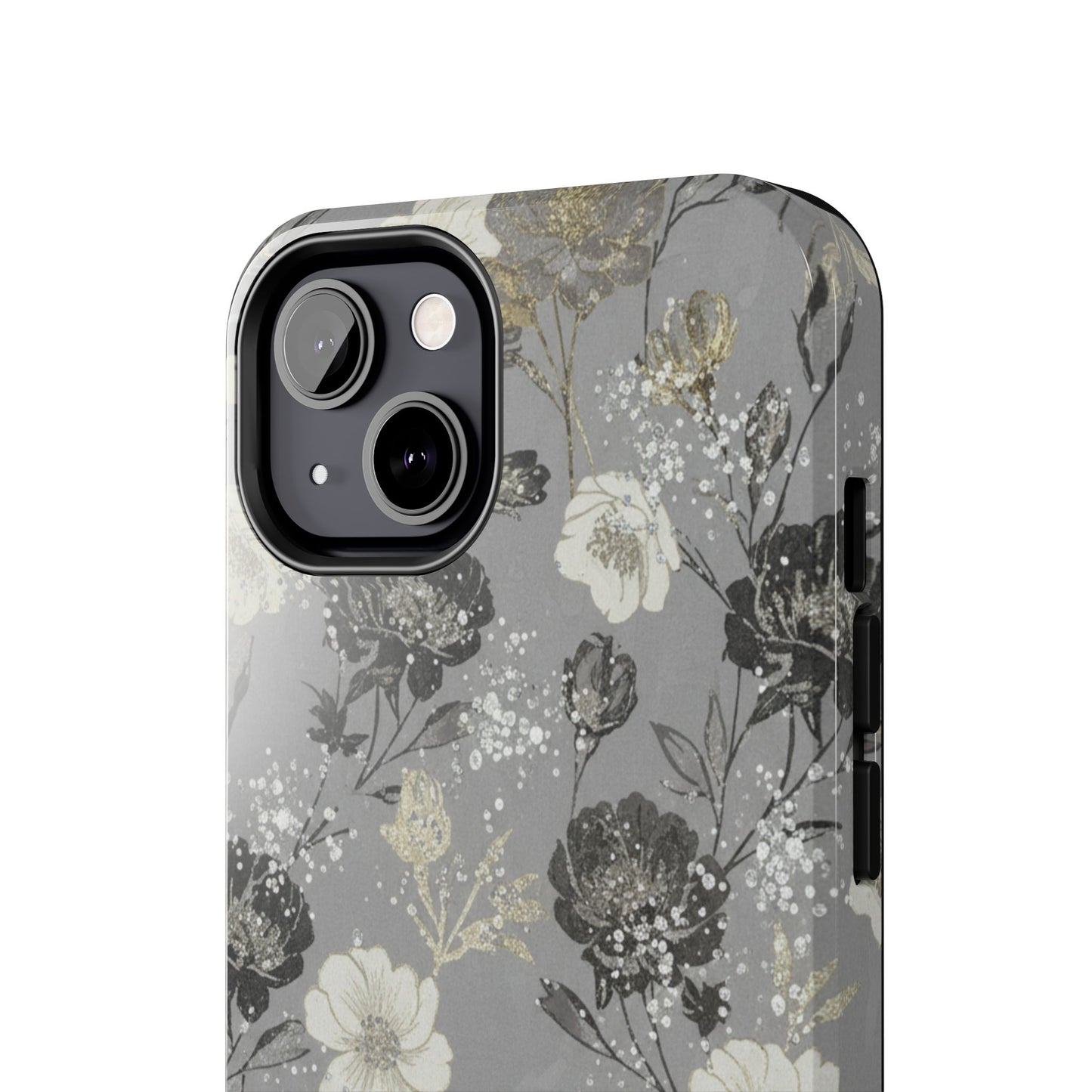 Floral Gray Tough Phone Case — Elegant Protective Phone Cover with Gold Accent