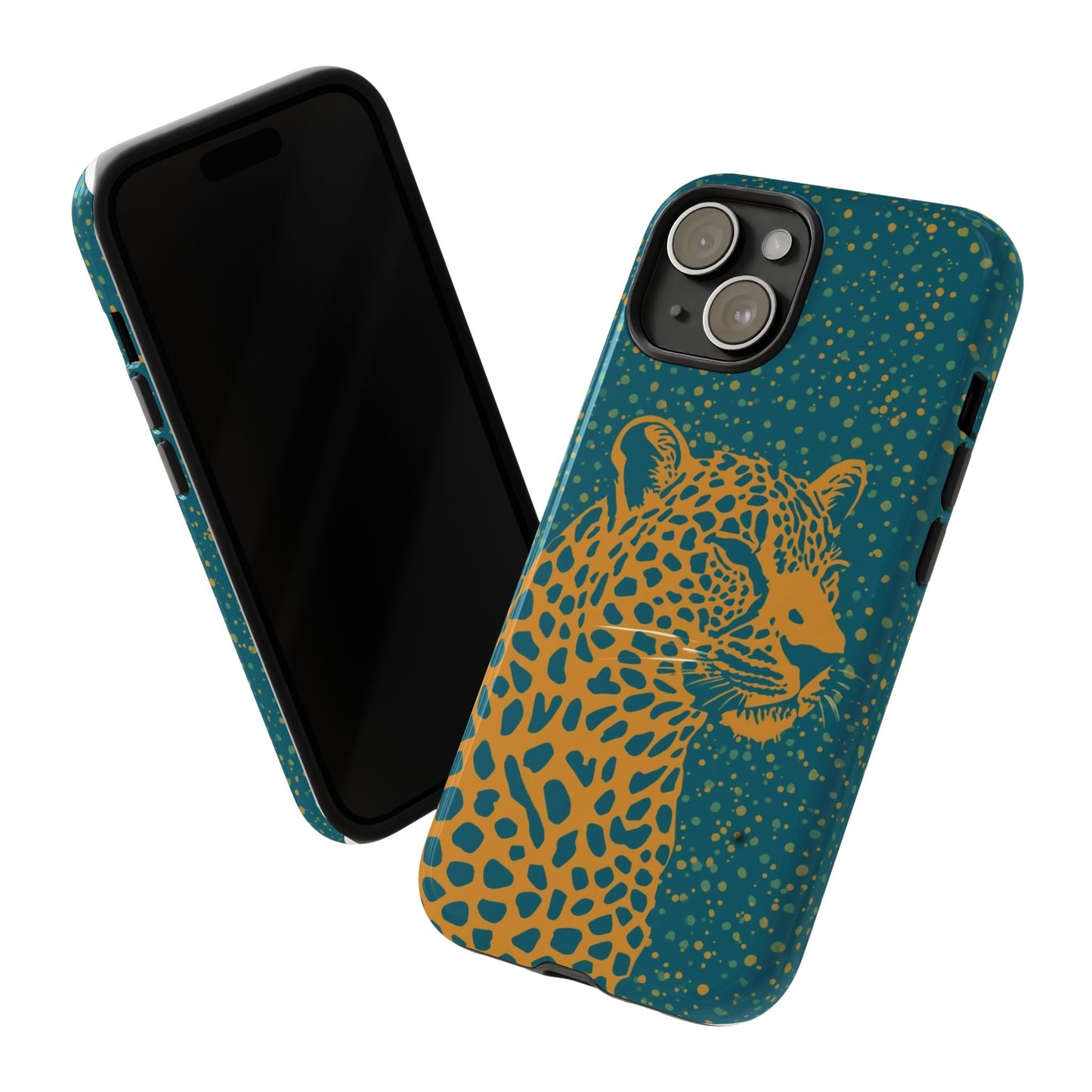 Leopard Spotlight Phone Case — Teal Gold Animal Print Protective Cover