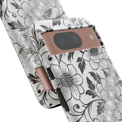 Floral Lace Phone Case — Black & White Vintage Flower Protective Case