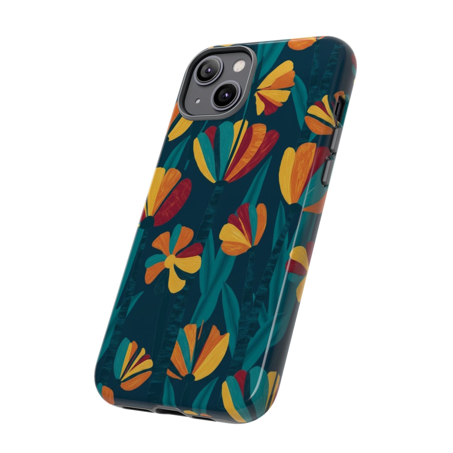 Floral Retro Teal Tough Phone Case — Vibrant Orange & Mustard Blooms