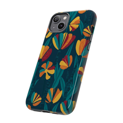 Floral Retro Teal Tough Phone Case — Vibrant Orange & Mustard Blooms