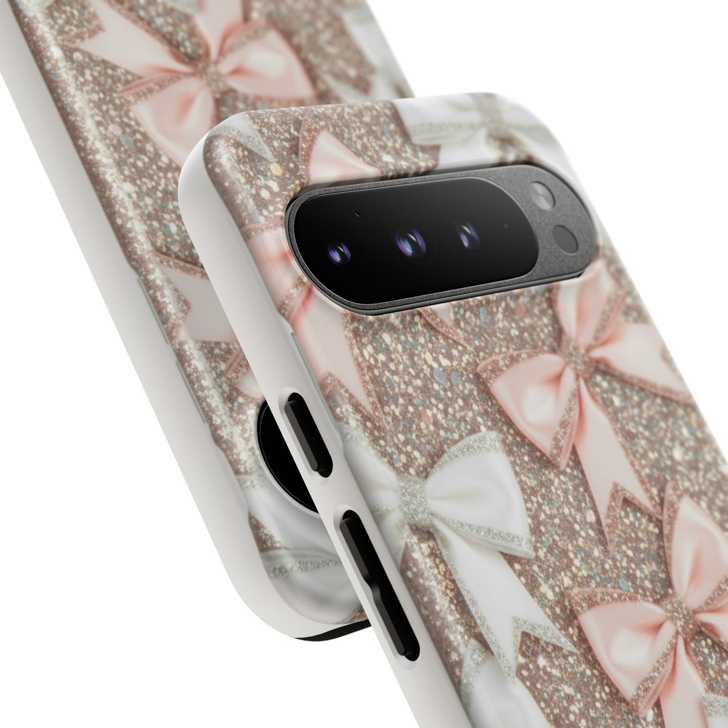 Glitter Bow Tough Phone Case — Pink & White Ribbon Protective Cover