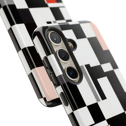 Abstract Geometric Phone Case – Black & White Checker Grid with Red Accent