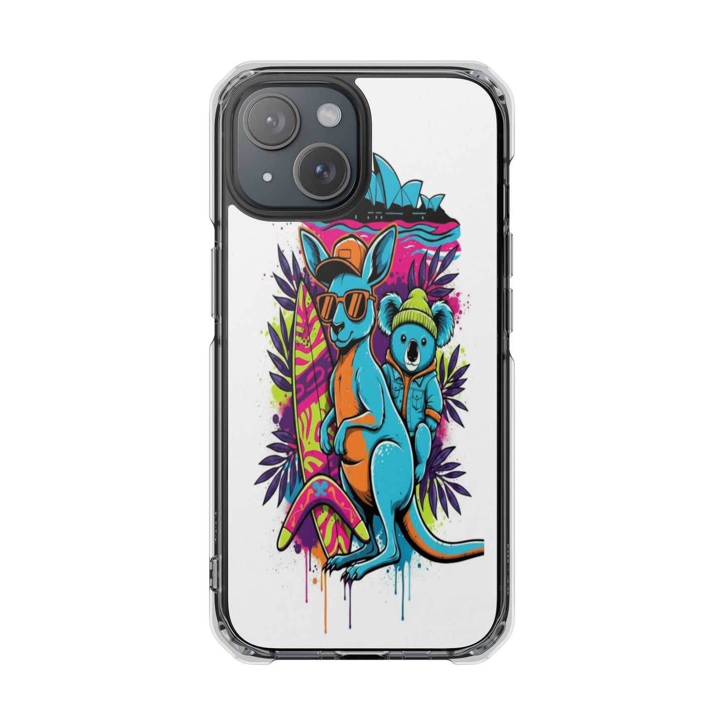Clear Magnetic Phone Case — Colorful Surfing Kangaroo & Koala Art