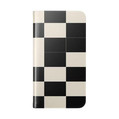 Checkered Flip Phone Case – Black & Cream Retro Grid Wallet Case