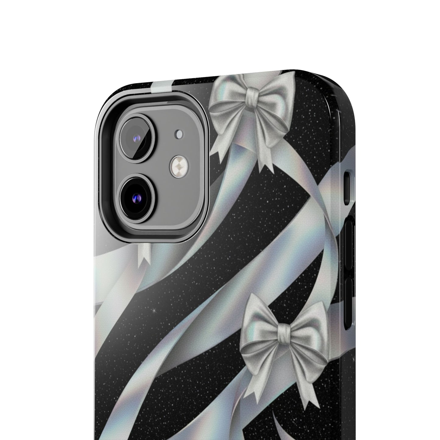 Silver Ribbon Bow Tough Phone Case — Glitter Black Protective Phone Case