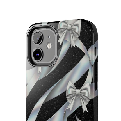 Silver Ribbon Bow Tough Phone Case — Glitter Black Protective Phone Case