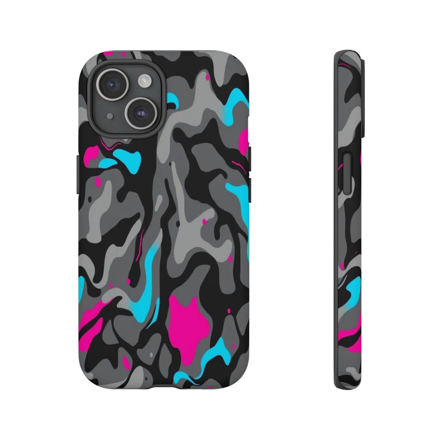 Camouflage Phone Case — Gray Camo with Neon Pink & Cyan Accent Tough Protective Cover