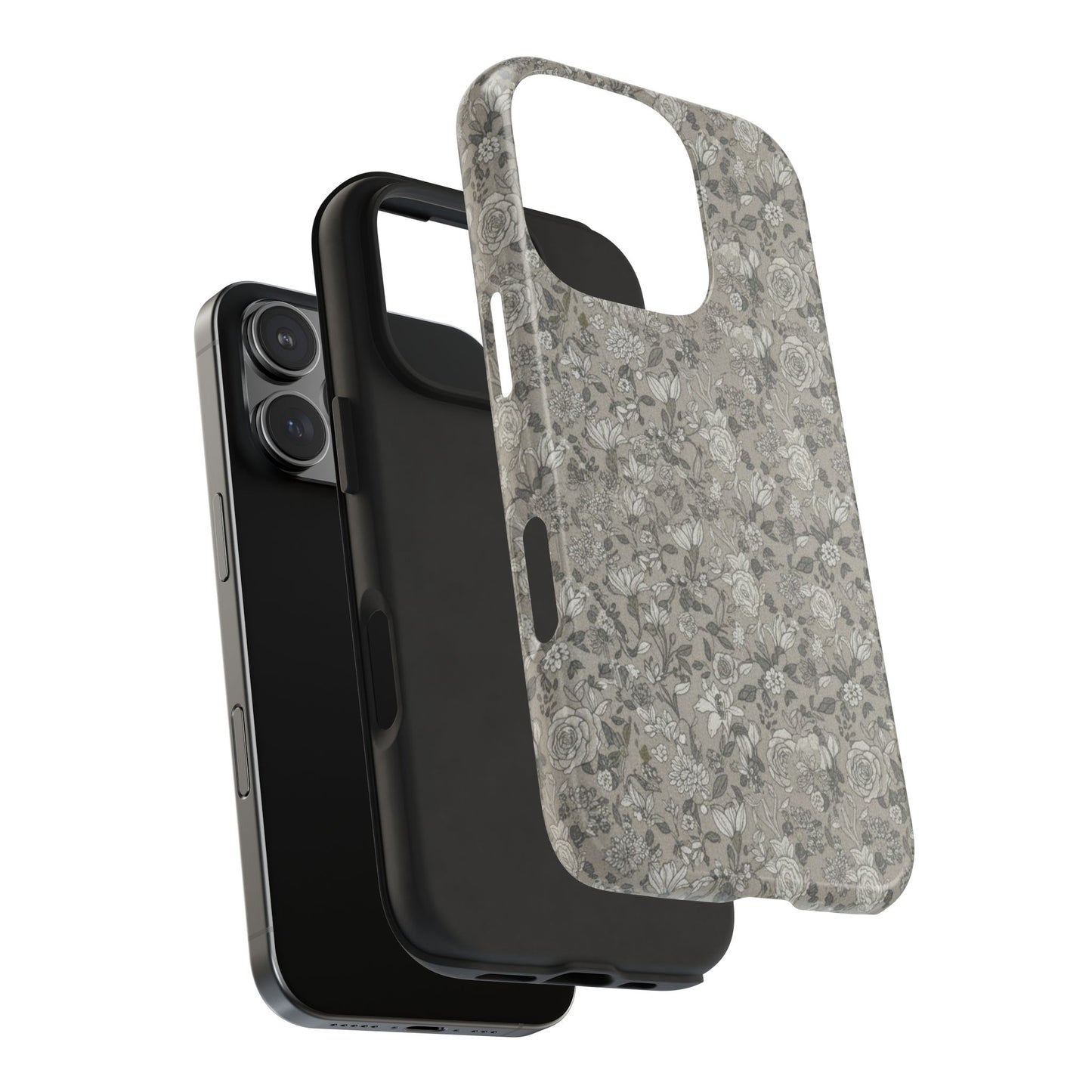 Gray Floral Tough Phone Case — Durable Protective Phone Cover with Vintage Botanical Pattern