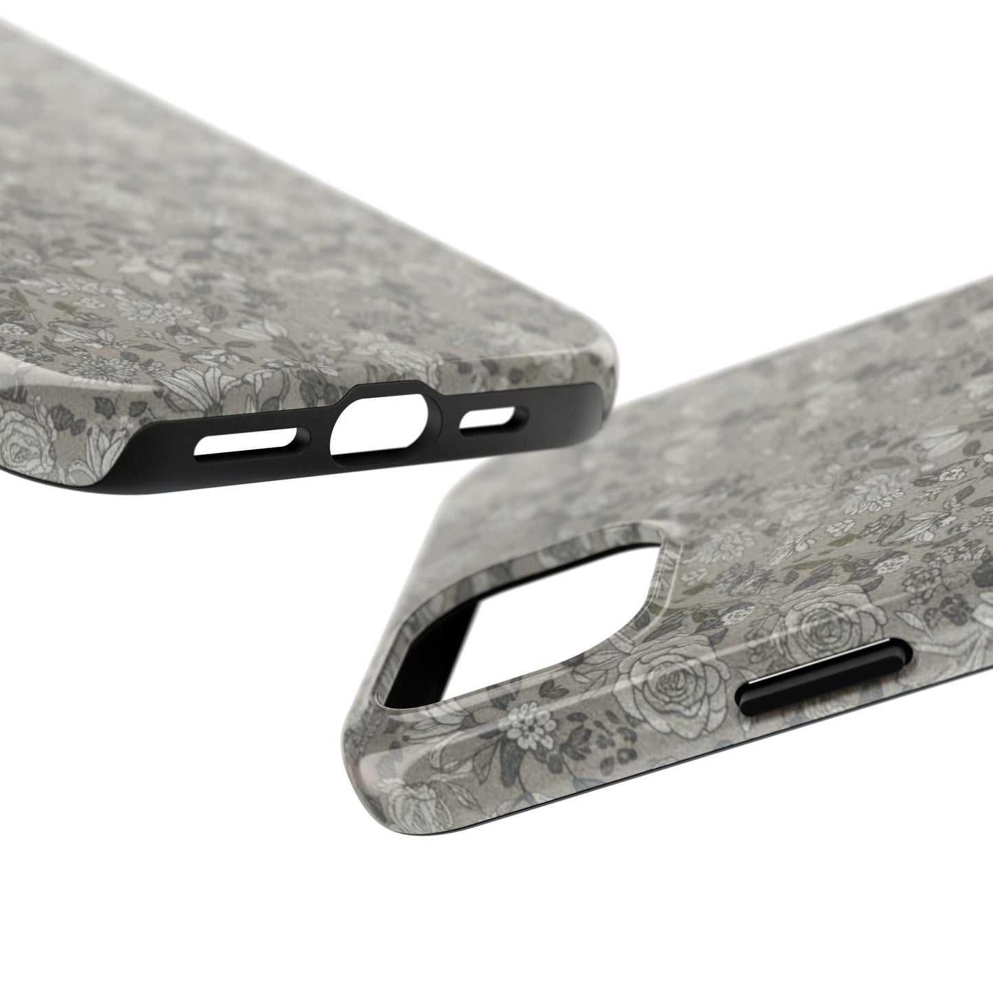 Gray Floral Tough Phone Case — Durable Protective Phone Cover with Vintage Botanical Pattern