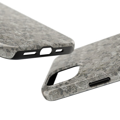 Gray Floral Tough Phone Case — Durable Protective Phone Cover with Vintage Botanical Pattern