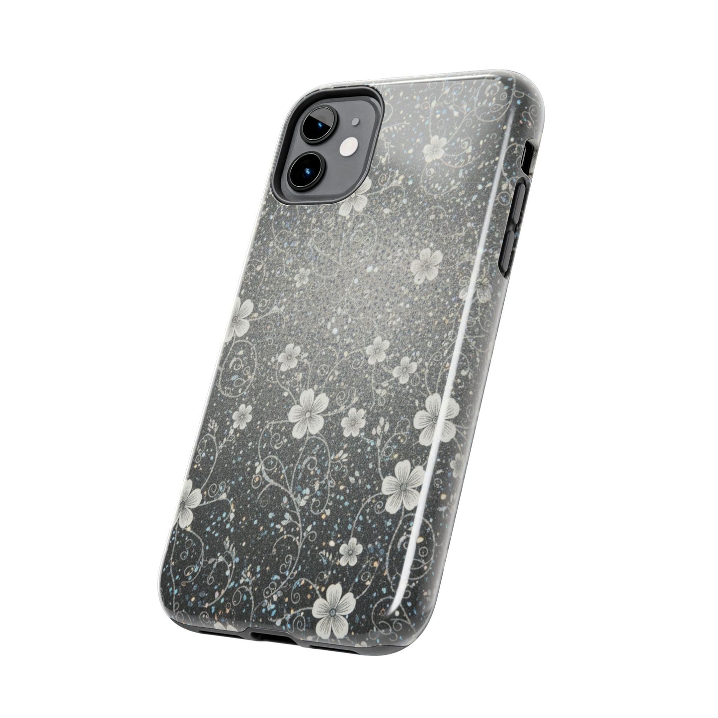 Floral Sparkle Tough Phone Case — Black & Silver Vintage Blossom