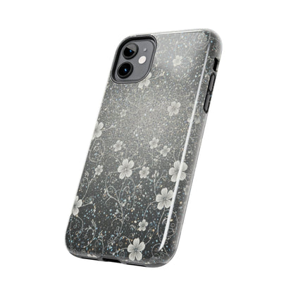 Floral Sparkle Tough Phone Case — Black & Silver Vintage Blossom