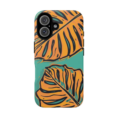 Tropical Leaf Tough Phone Case — Orange Monstera Design on Teal