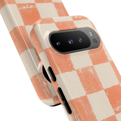 Peach Checkerboard Tough Phone Case — Retro Distressed Grid Design
