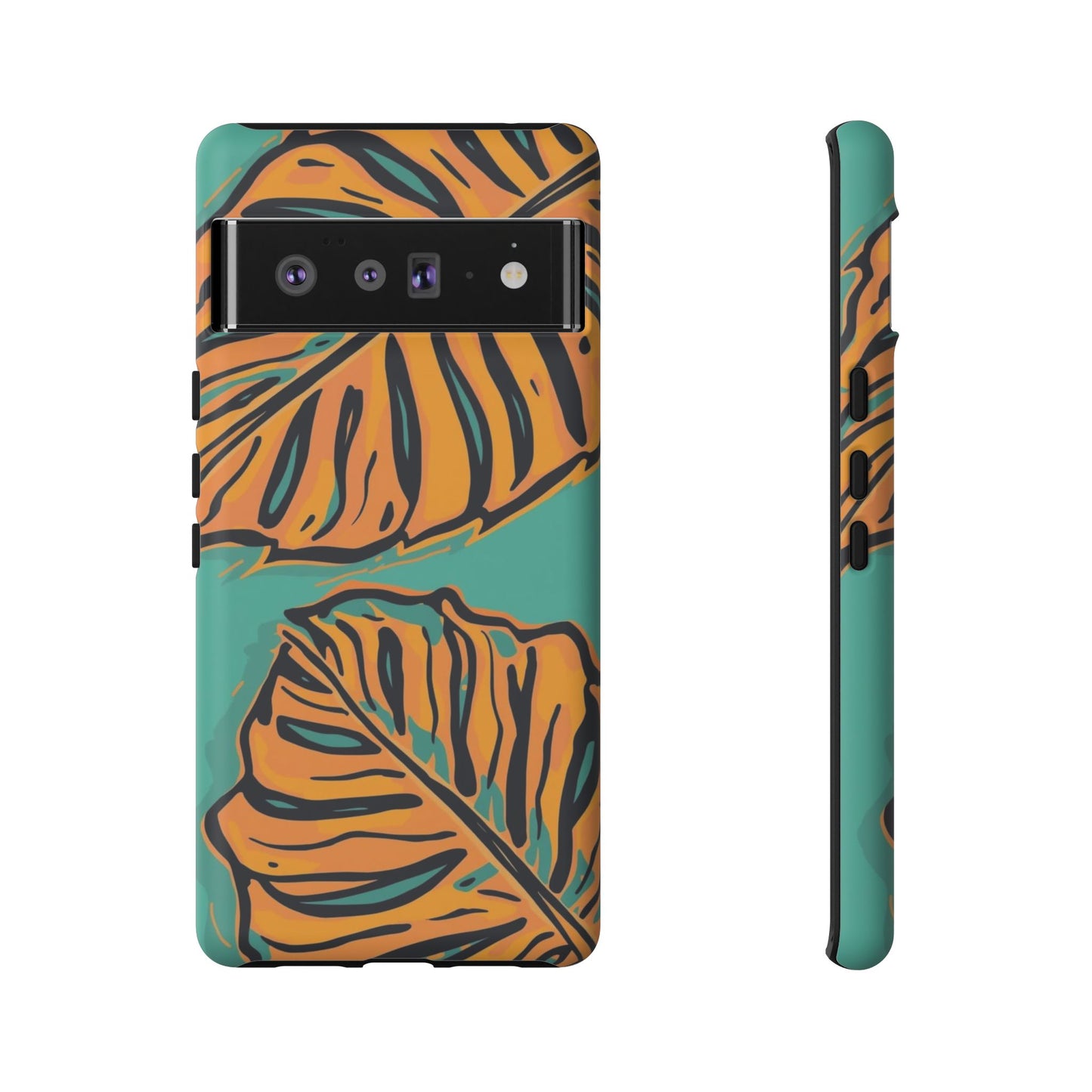 Tropical Leaf Tough Phone Case — Orange Monstera Design on Teal
