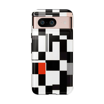 Abstract Geometric Phone Case – Black & White Checker Grid with Red Accent