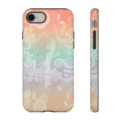 Tough Cases: Pastel Beach Pattern Phone Case — Starfish & Coastal Cityscape Protective Cover