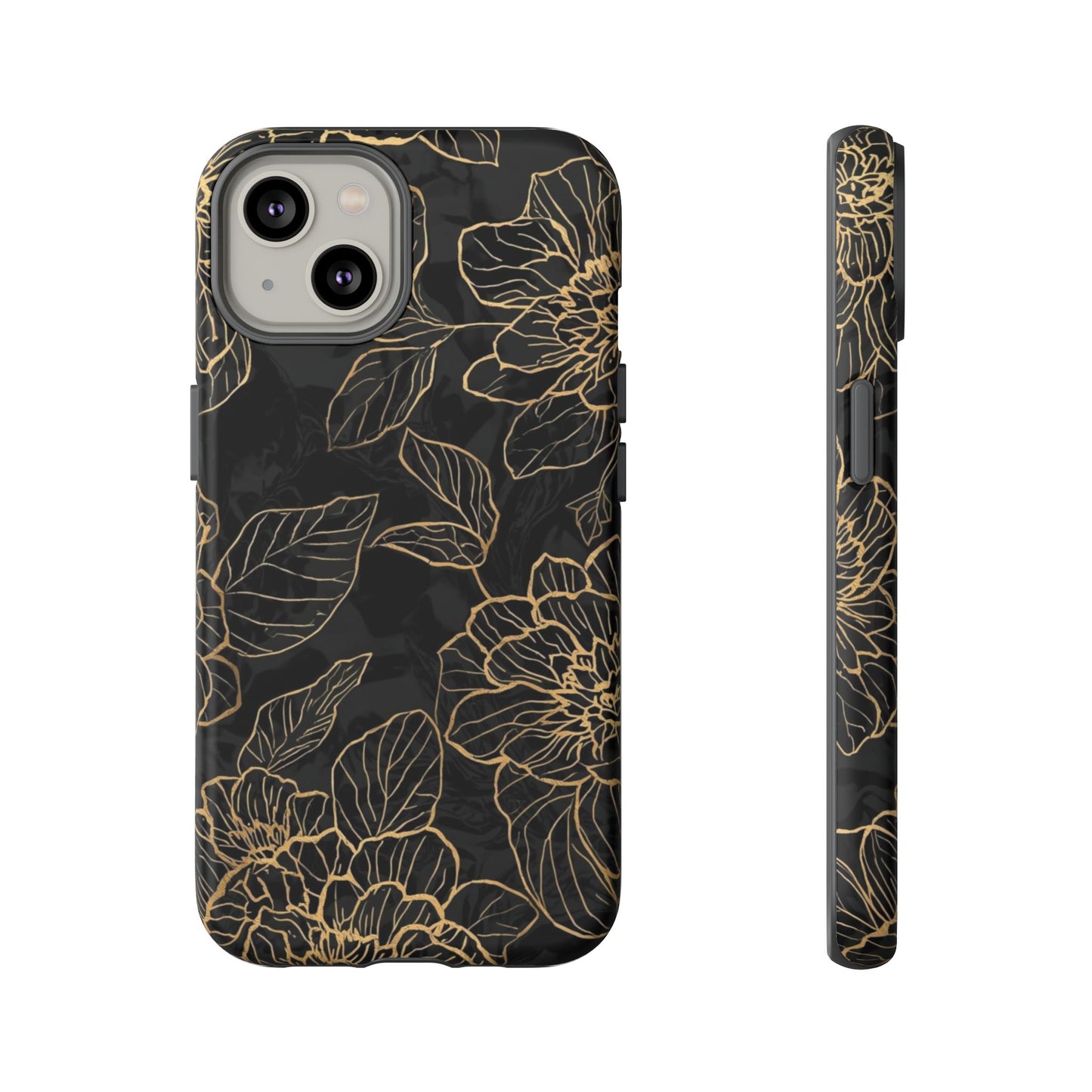 Floral Gold Outline Tough Phone Case – Black Botanical Protective Cover