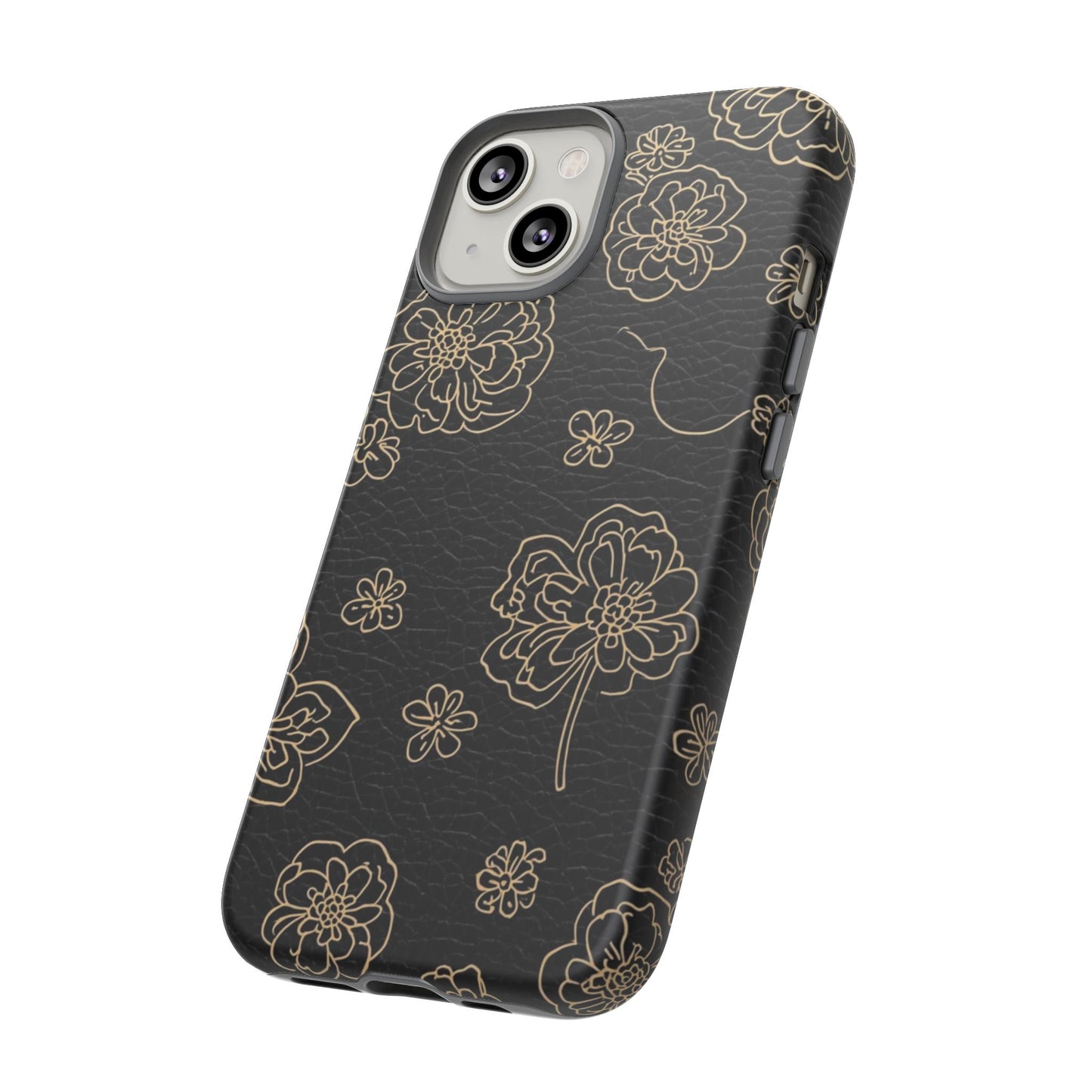 Floral Leather-Texture Tough Case – Black Gold Outline Phone Cover