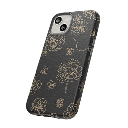 Floral Leather-Texture Tough Case – Black Gold Outline Phone Cover