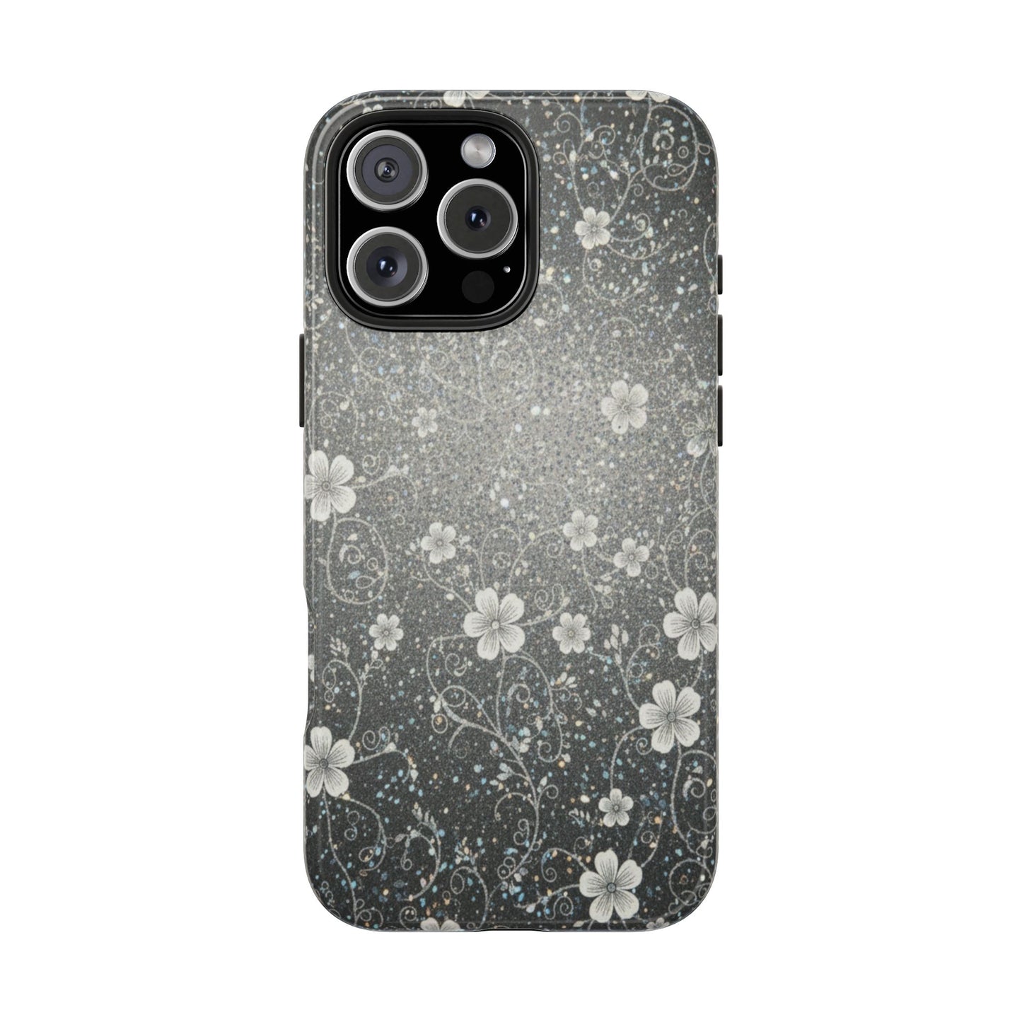 Floral Sparkle Tough Phone Case — Black & Silver Vintage Blossom