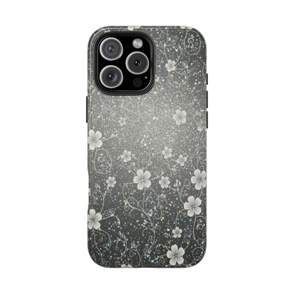 Floral Sparkle Tough Phone Case — Black & Silver Vintage Blossom