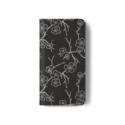 Black Cherry Blossom Flip Phone Case – Floral Wallet Flip Case with Card Slots