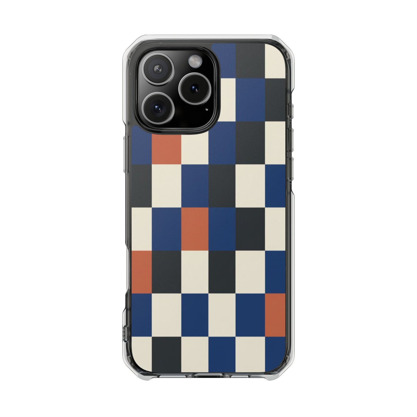 Clear Magnetic Phone Case — Retro Checkerboard Pattern (Blue, Black & Rust)