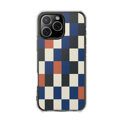 Clear Magnetic Phone Case — Retro Checkerboard Pattern (Blue, Black & Rust)