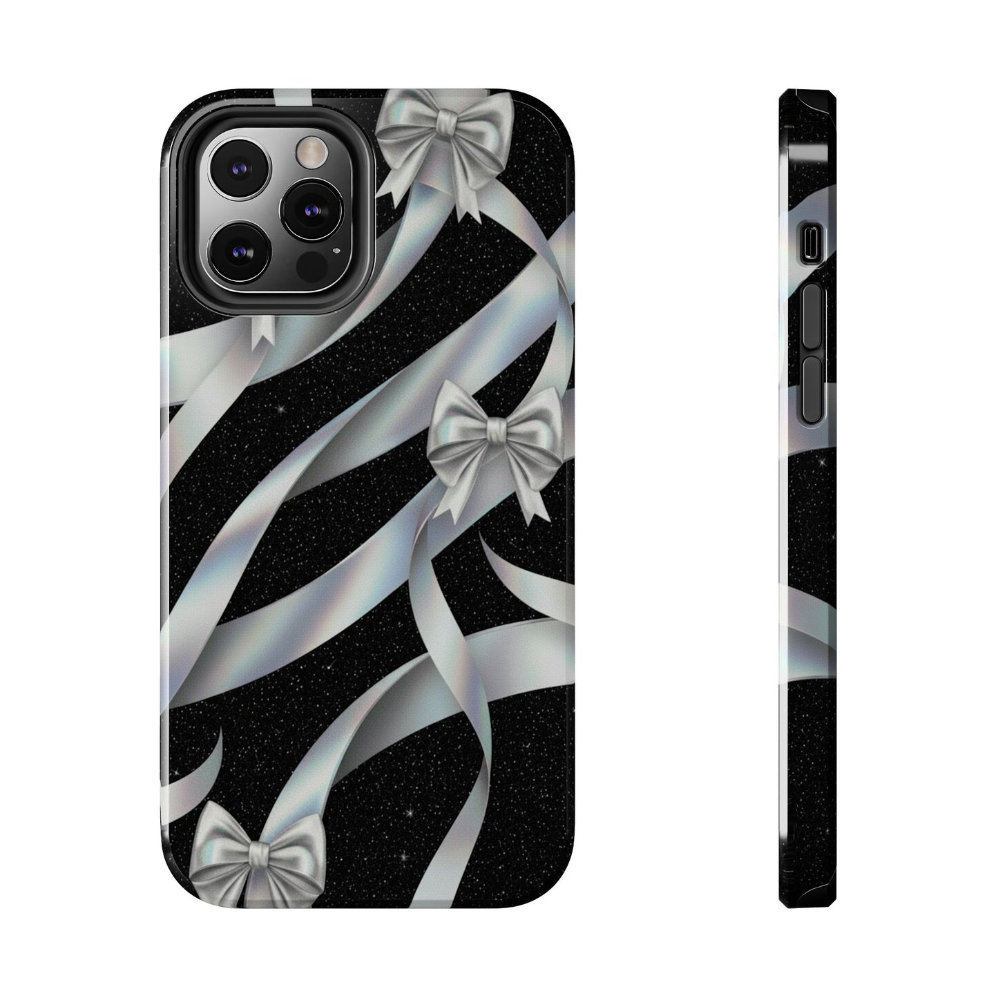 Silver Ribbon Bow Tough Phone Case — Glitter Black Protective Phone Case