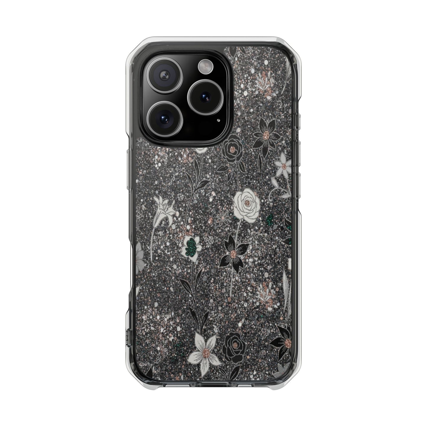 Clear Floral Glitter Magnetic Phone Case — Protective Impact Case with Rose & Daisy Design