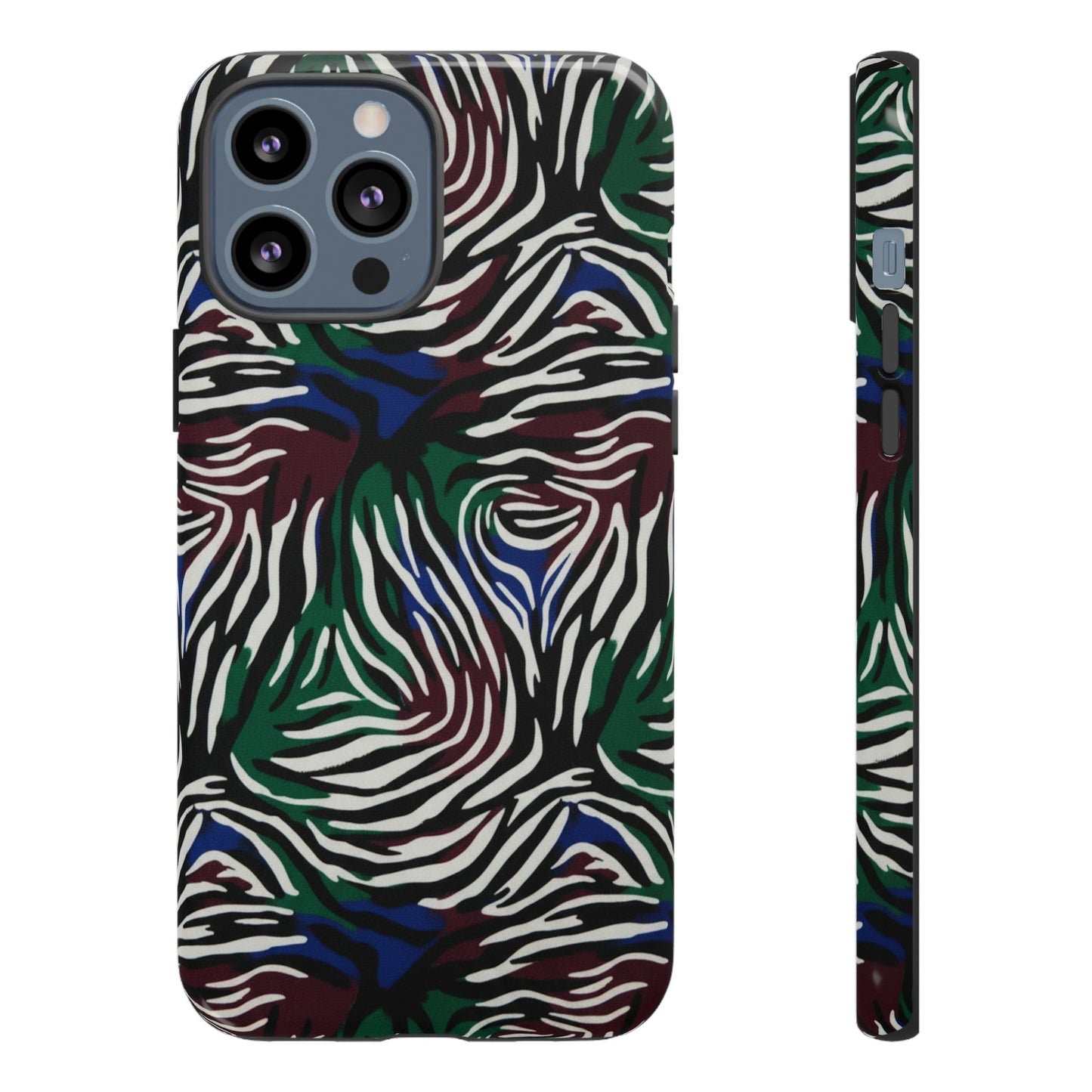Zebra Camo Tough Phone Case – Green & Blue Animal Print Protective Cover