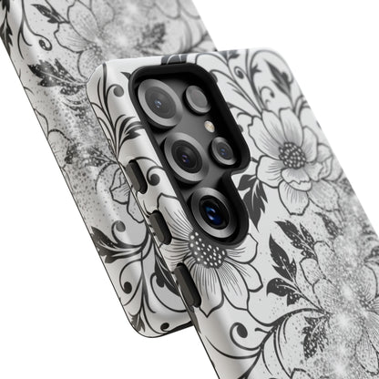 Floral Lace Phone Case — Black & White Vintage Flower Protective Case