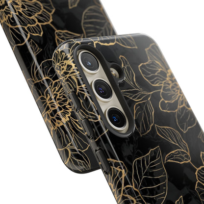 Floral Gold Outline Tough Phone Case – Black Botanical Protective Cover
