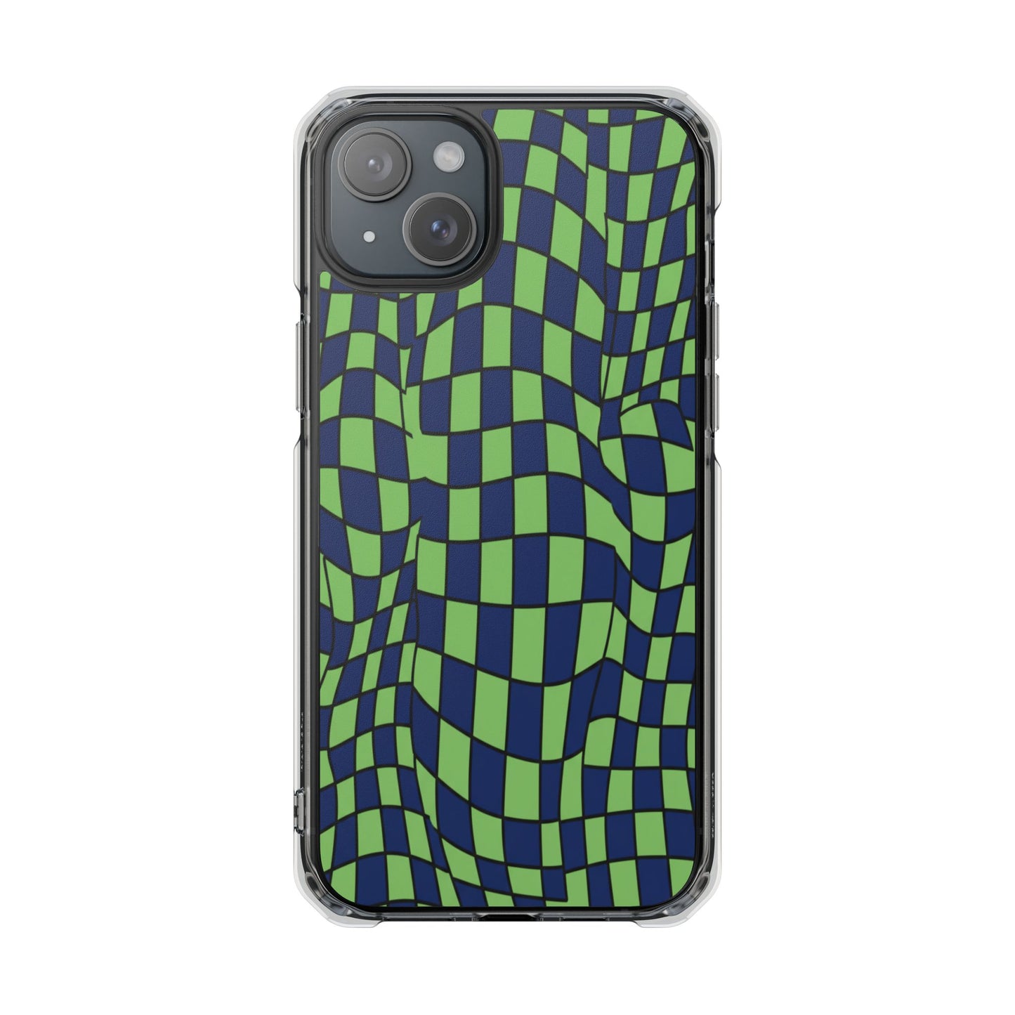 Clear Magnetic Phone Case — Green Distorted Checkerboard Design