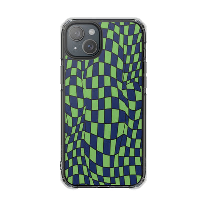Clear Magnetic Phone Case — Green Distorted Checkerboard Design