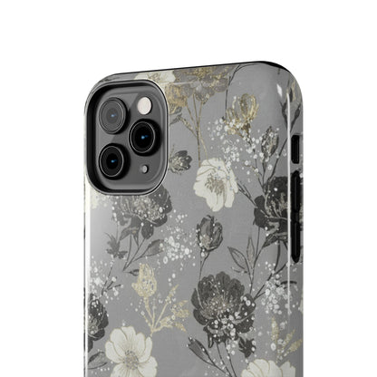 Floral Gray Tough Phone Case — Elegant Protective Phone Cover with Gold Accent
