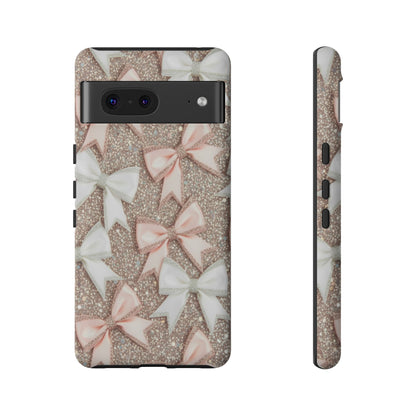 Glitter Bow Tough Phone Case — Pink & White Ribbon Protective Cover